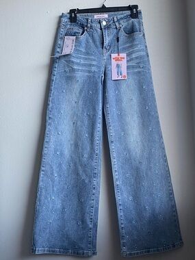 NWT Blue Mid-Rise Wide Leg Jeans Floral Rhinestone Embellished Women’s Size 7
